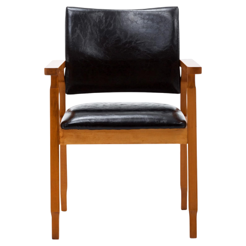 Mid-Century Walnut Dining Chair with Black Faux Leather Seat and Armrests