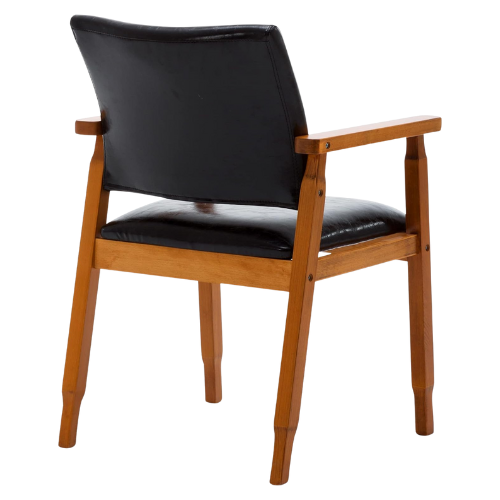 Mid-Century Walnut Dining Chair with Black Faux Leather Seat and Armrests