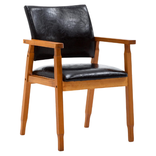 Mid-Century Walnut Dining Chair with Black Faux Leather Seat and Armrests