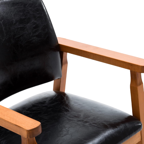 Mid-Century Walnut Dining Chair with Black Faux Leather Seat and Armrests